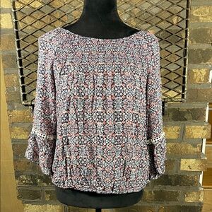 Westport Women's Blouse - Pink and Navy Floral pattern Elastic Waist and Neck M